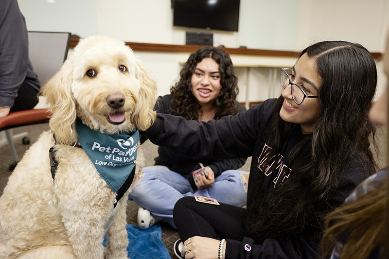Two students pet a therapy dog wearing a bandana.