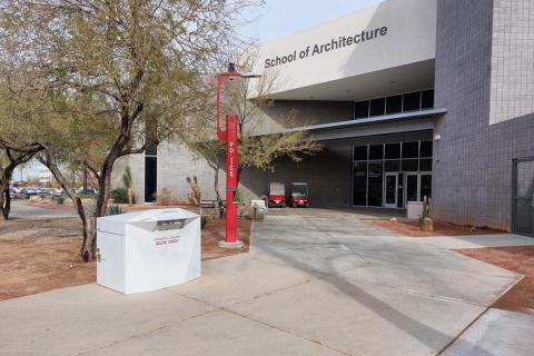 Large white library drop box in near entrance to Paul B. Sogg Architecture Building.