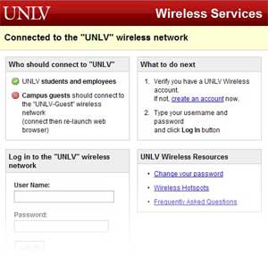 UNLV Wireless Log In Page