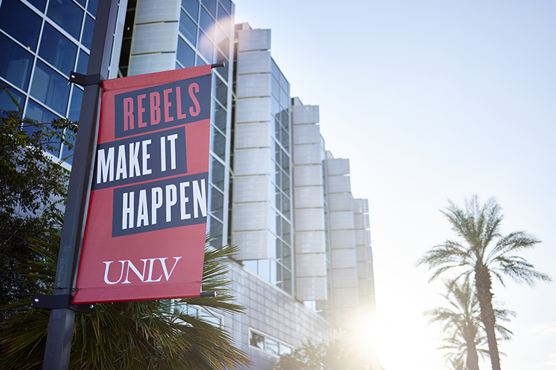 Exterior of Lied Library with Rebels Make It Happen banner