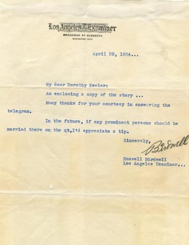 Keeler letter about celebrity weddings, 1934