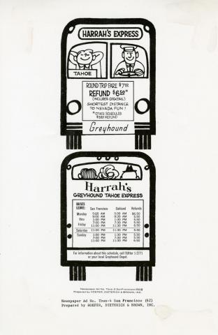 1962 advertisement by Hoefer, Dieterich, & Brown, Inc. designed to entice people in the San Francisco Bay Area to spend the weekend at Harrah’s Tahoe spending money on games, drinks, and food.