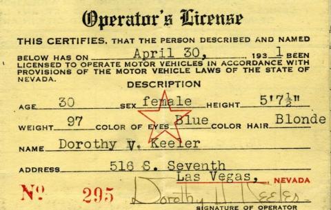 Dorothy Keeler license to operate a motor vehicle, 1931