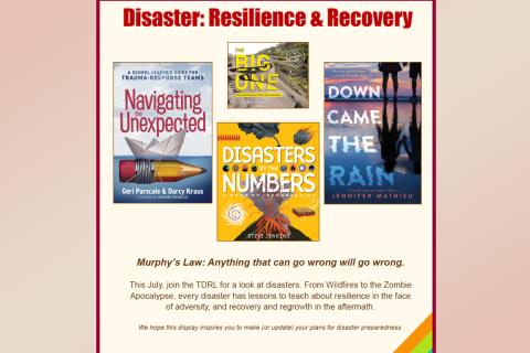 A display titled "Disaster: Resilience & Recovery" featuring four book covers about disasters and resilience.