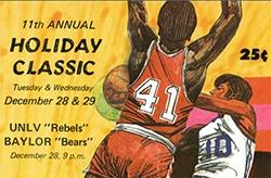 Color illustration of the 11th Annual Holiday Classic basketball game.