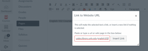 Screenshot showing the window that pops up for pasting the link URL.