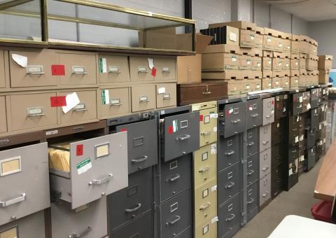 The filing cabinets in the Film Department’s on-campus storage room.