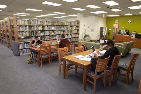 Students studying at tables in the Teacher Development and Resources Library