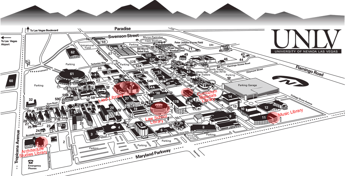 unlv maps of campus Unlv Libraries Campus Map With Locations Of Libraries unlv maps of campus