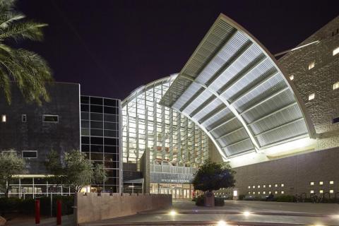 Lied Library entrance at night