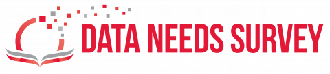 Data Needs Survey logo. Logo contains an image of a red and gray book open flat as well as the text "Data Needs Survey" in red.