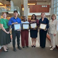 Pictured from left, Teaching & Learning Librarian Amber Sewell, Andrew Kim, Kaesee Bourne, Shivangi Sinha, Elisa Hink, and Dean of Libraries Maggie Farrell. 