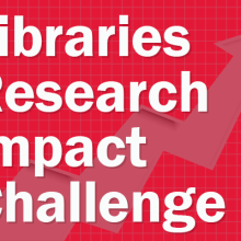 Red background with white text, Research Impact Challenge
