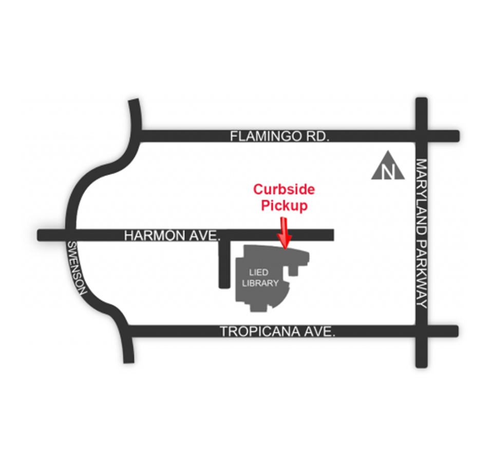 Map of streets around Lied Library showing pick up spot is at Harmon Ave entrance