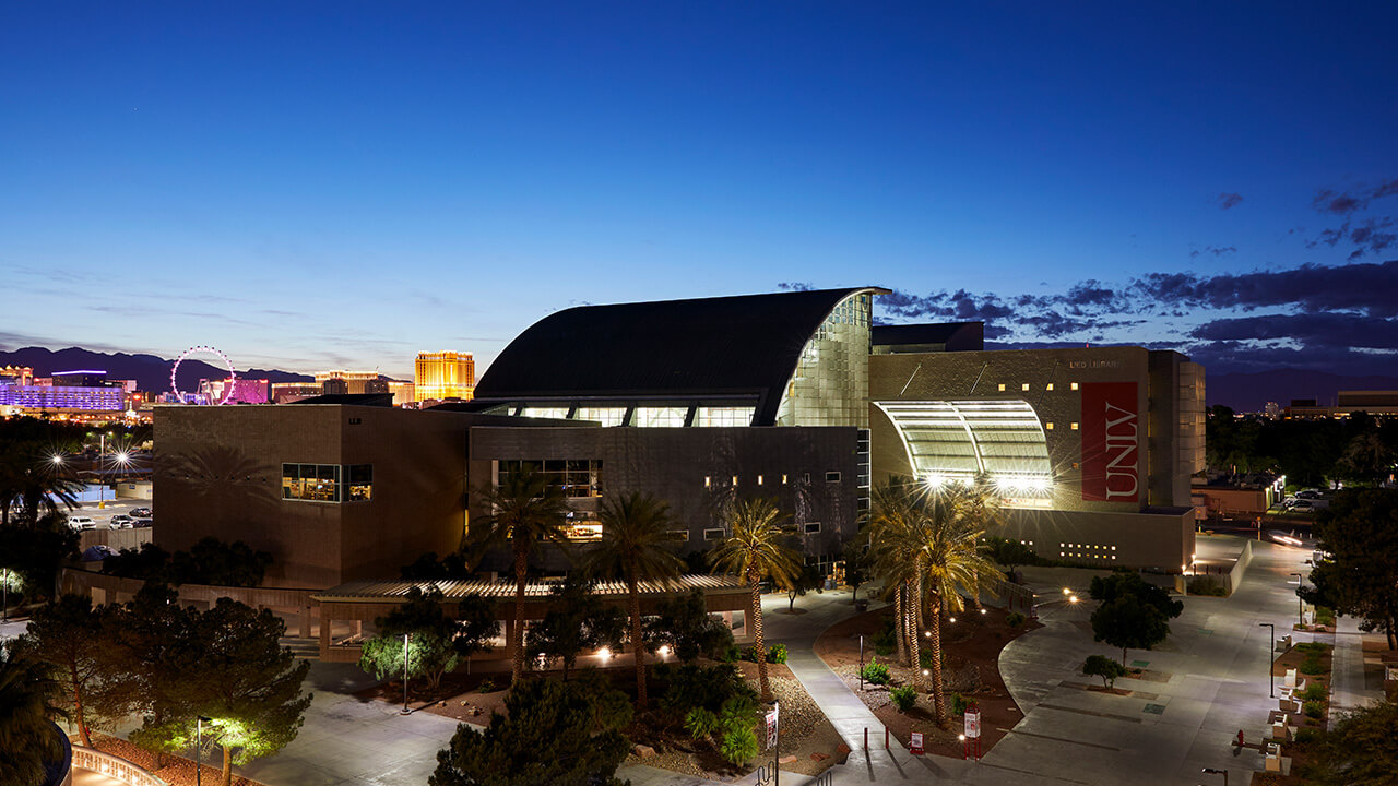 Exterior of Lied Library at night