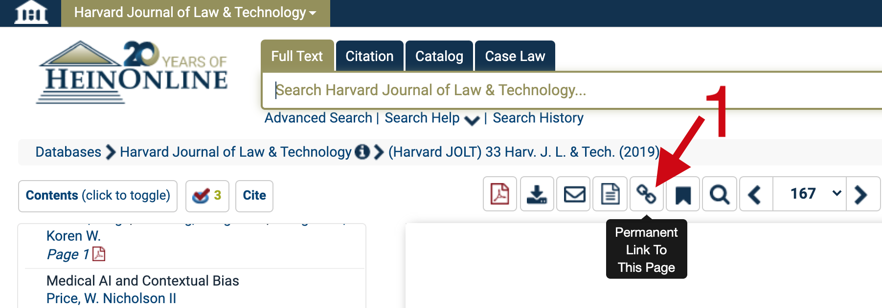 Screenshot of HeinOnline Database showing where to find persistent link button on the toolbar