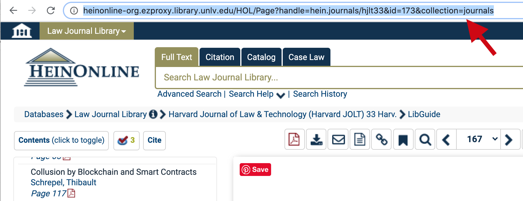 Screenshot of HeinOnline Database showing where to find persistent link in address bar