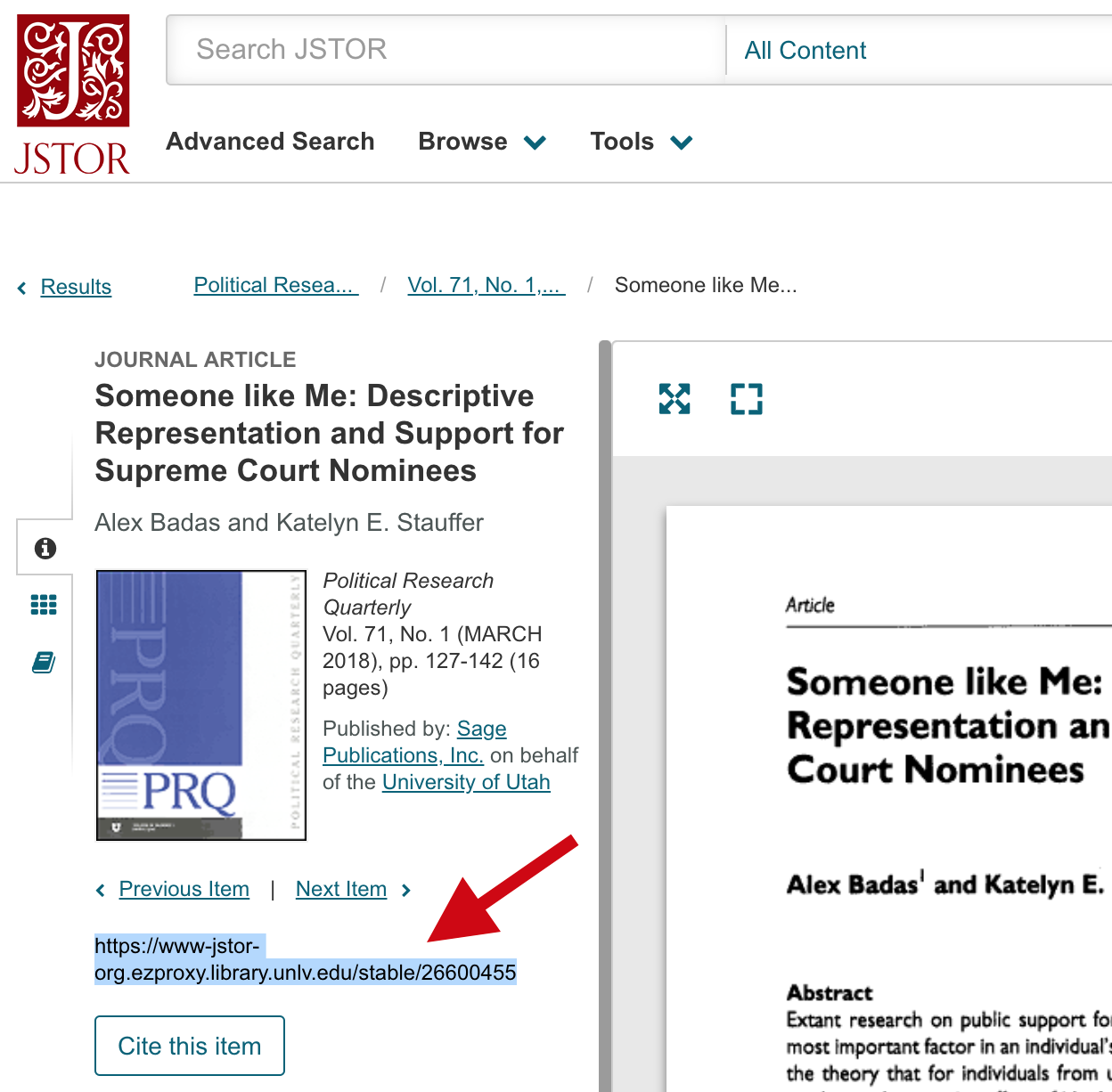 Screenshot showing where to find the persistent link in JSTOR