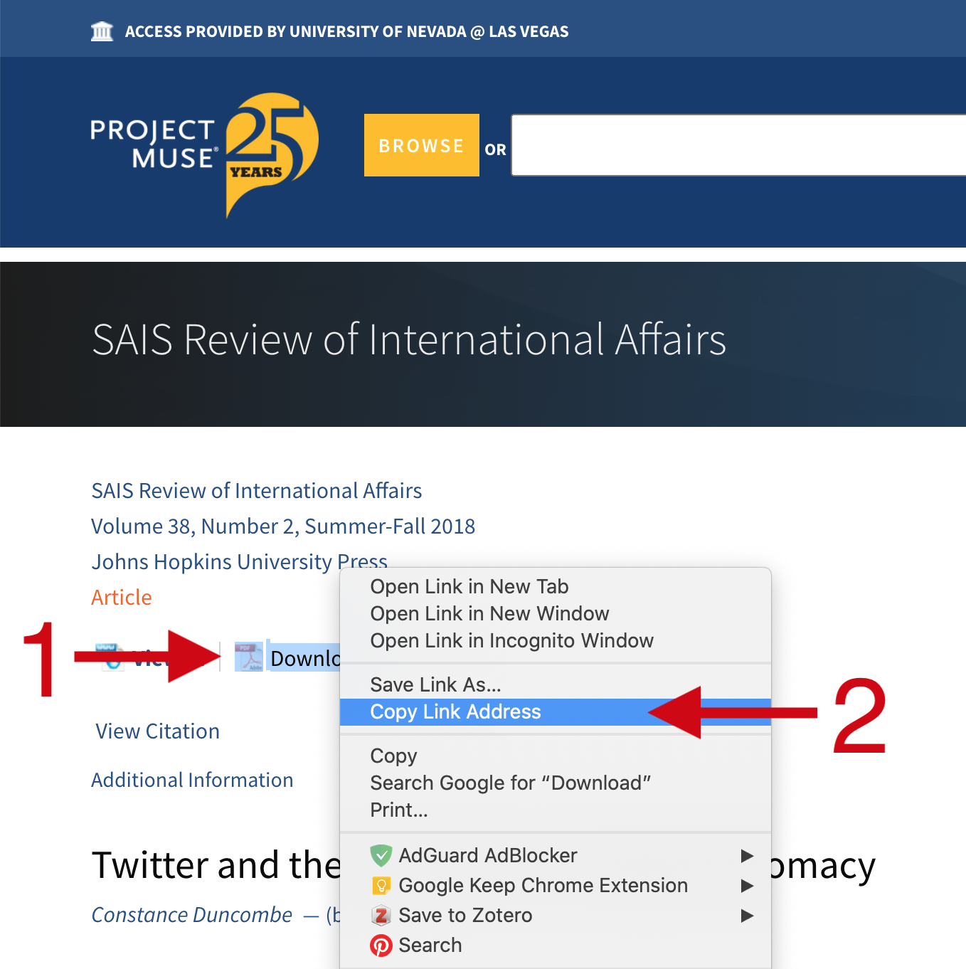 Screenshot showing where to copy the persistent link on Project Muse