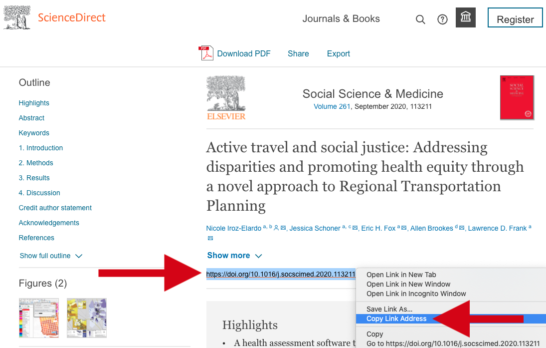Screenshot showing where to copy the persistent link on ScienceDirect