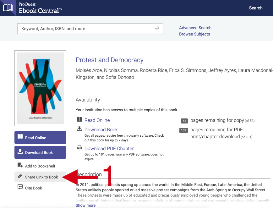 Screenshot show where to find link to share ebook in Ebook Central