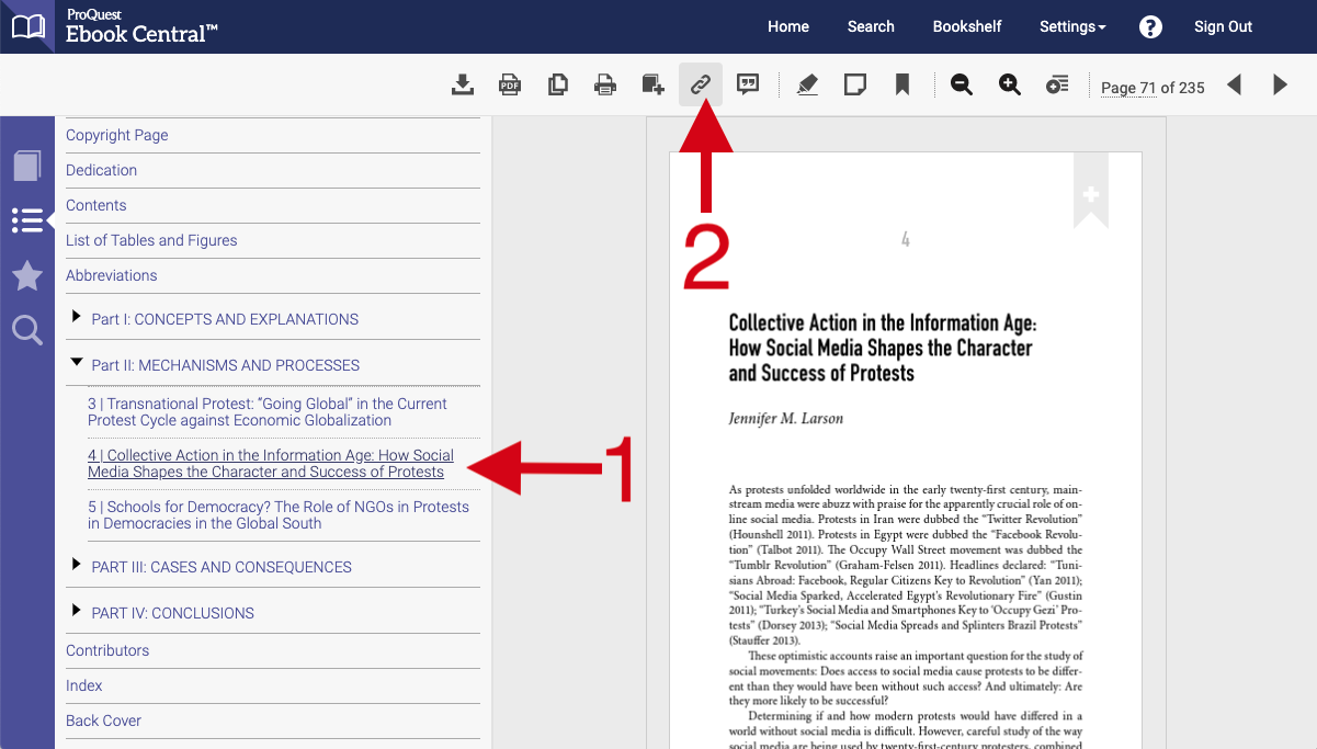 Screenshot showing how to link to specific chapters in Ebook Central