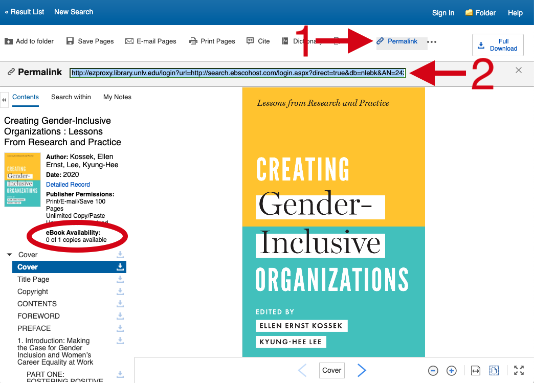 Screenshot of EBSCO eBook Collection showing where to find the permalink button on the toolbar
