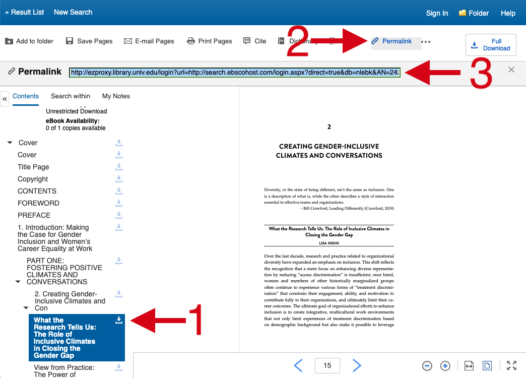 Screenshot showing how to link to specific chapters in EBSCO eBook Collection