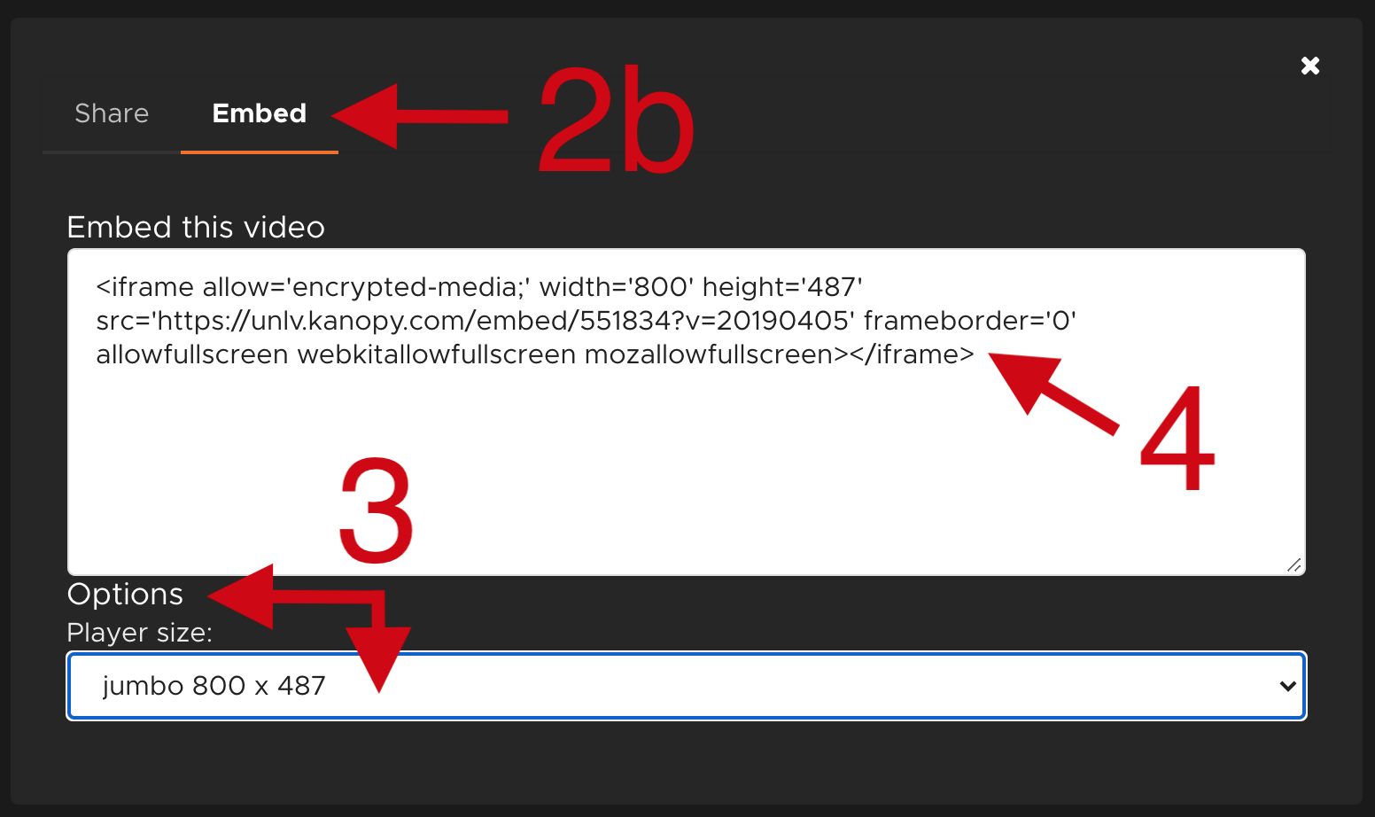 Screenshot of Kanopy showing example of embed code and how to adjust size of embedded video