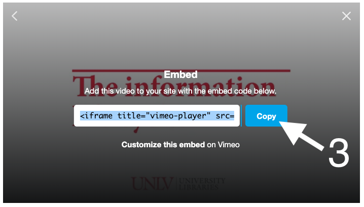 Screenshot showing example of embed code to copy for Vimeo