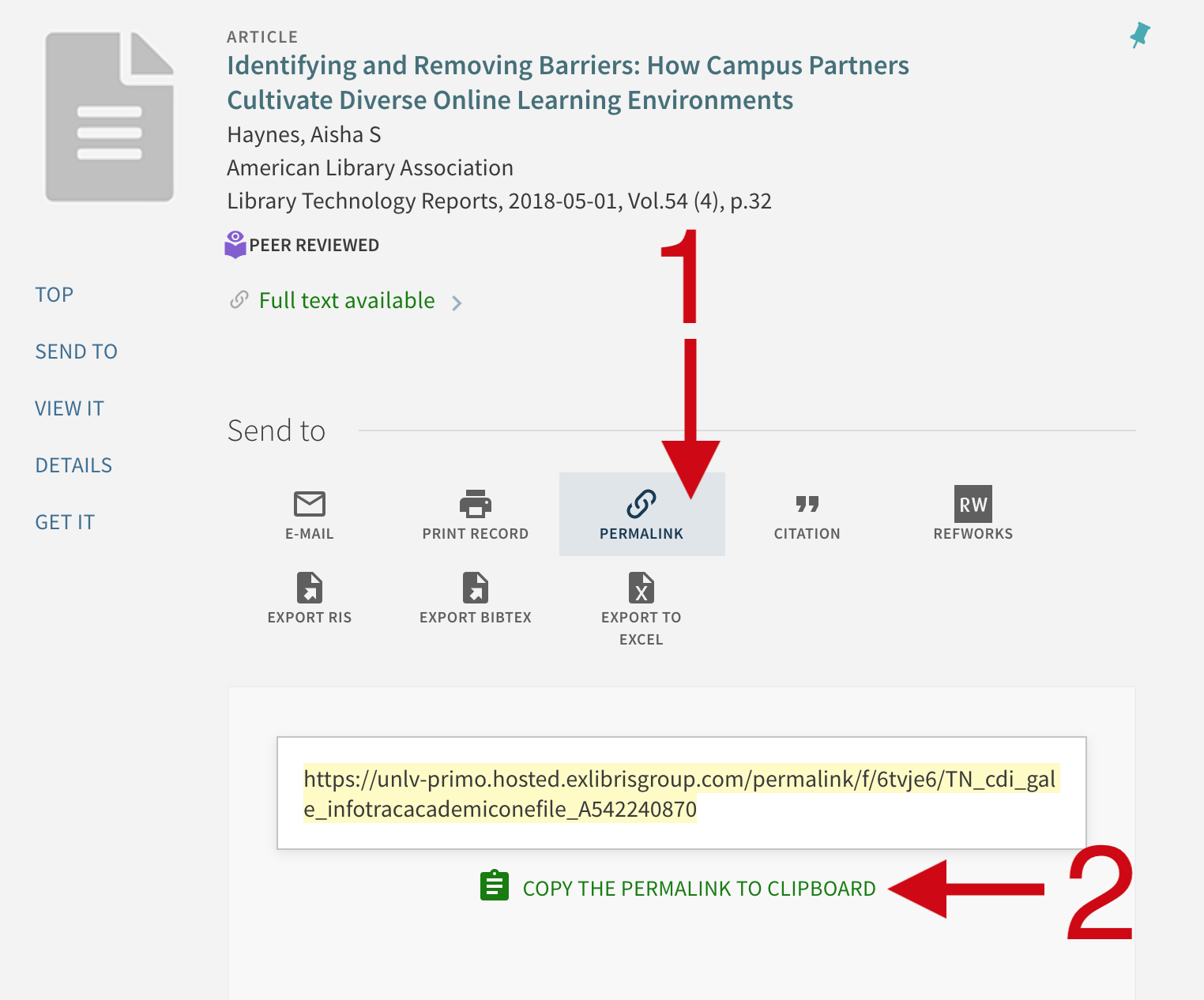 Screenshot showing where to find the permalink button on the item record for library materials