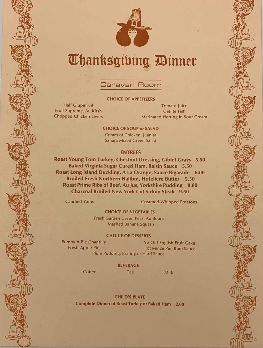 Single page menu listing Thanksgiving dinner with winking woman pilgrim drawing at top