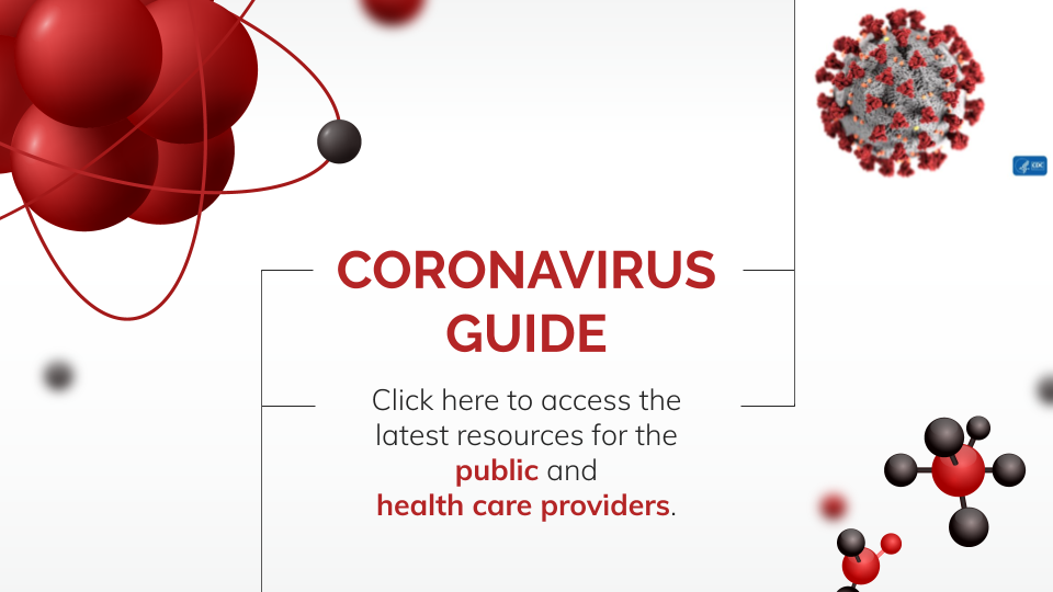 Close-up of cells with text Coronavirus guide Click here to access the latest resources for the public and  health care providers