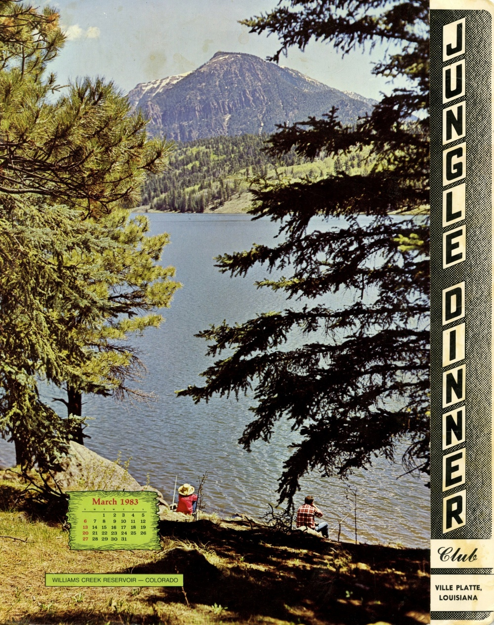 Menu image with trees, water, and mountain scenery