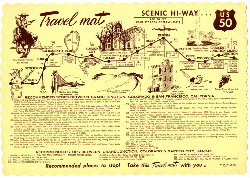 US 50 travel placemat with drawing of scenery and destinations along highway with text description below