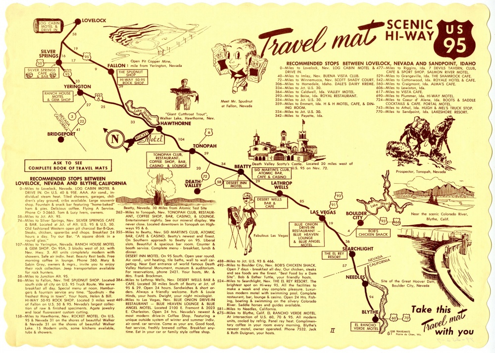 US 95 travel placemat with drawing of scenery and destinations along highway with text description below
