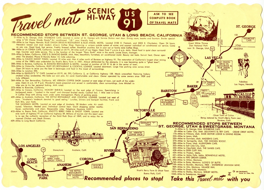 US 91 travel placemat with drawing of scenery and destinations along highway with text description below