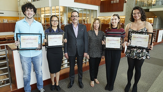 2019 Calvert Award winners: James Marmaduke, Ei T. Myint, Lance and Elena Calvert, Aariel Armstrong, and Karsyn Wilson. Not pictured is Kassidy Whetstone.