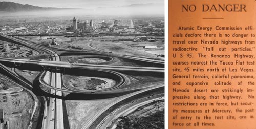 Photograph of I-15 to US95 interchange in Las Vegas in the 1970s from the Elbert Edwards Photograph Collections (PH-00214) and Article claiming the US95 was safe from radioactive "fall out particles" from the Nevada Test Site from the Sister Klaryta Antoszewska Photograph Collection (PH-00352)