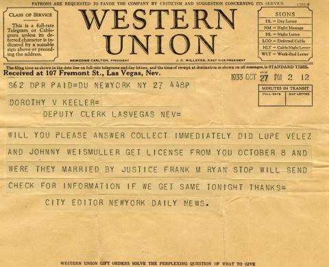 Keeler telegram about Weismuller wedding, 1933