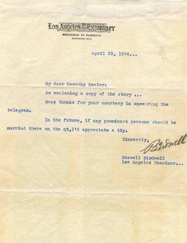 Keeler letter about celebrity weddings, 1934