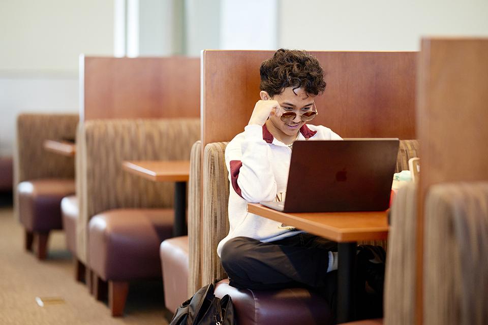 Person sitting in a booth, using a laptop in a quiet space.