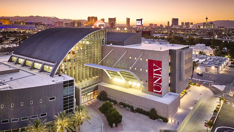 Lied Library at sunset with the Strip in the background. 