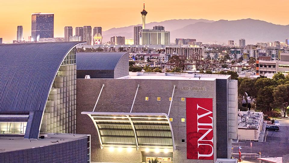 The roof of Lied Library with the Las Vegas skyline in the background.