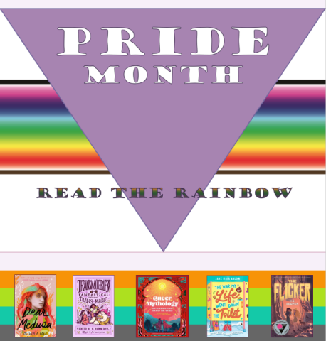 "Pride Month sign with 'Read the Rainbow' slogan, rainbow stripe, and five LGBTQ+ book covers."