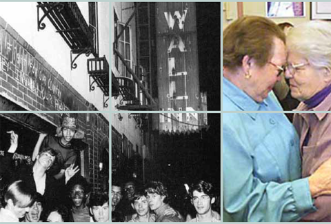 A group of people outside a building and a picture of two women with their foreheads pressed together. 