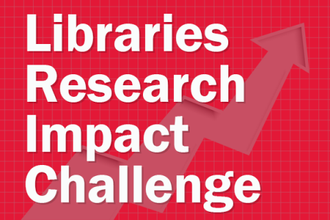 Red background with white text, Research Impact Challenge