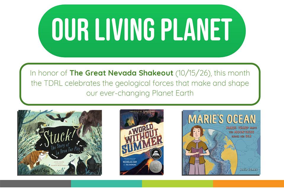 Educational graphic about Earth’s geological forces, featuring three related books: Stuck!, A World Without Summer, and Marie’s Ocean.