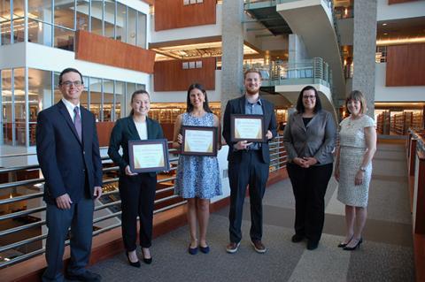 Teaching & Learning Librarian Mark Lenker, Isabella Chung, Nathalie Martinez, Michael Schwob, Interim Head of Educational Initiatives Rosan Mitola, and Dean of Libraries Maggie Farrell.