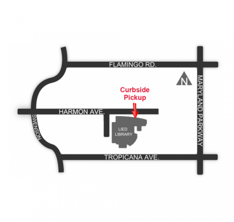 Map of streets around Lied Library showing pick up spot is at Harmon Ave entrance